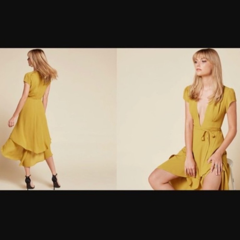 Reformation Yellow Deep Neckline High Low Hem Short Sleeve Sexy Dress Medium